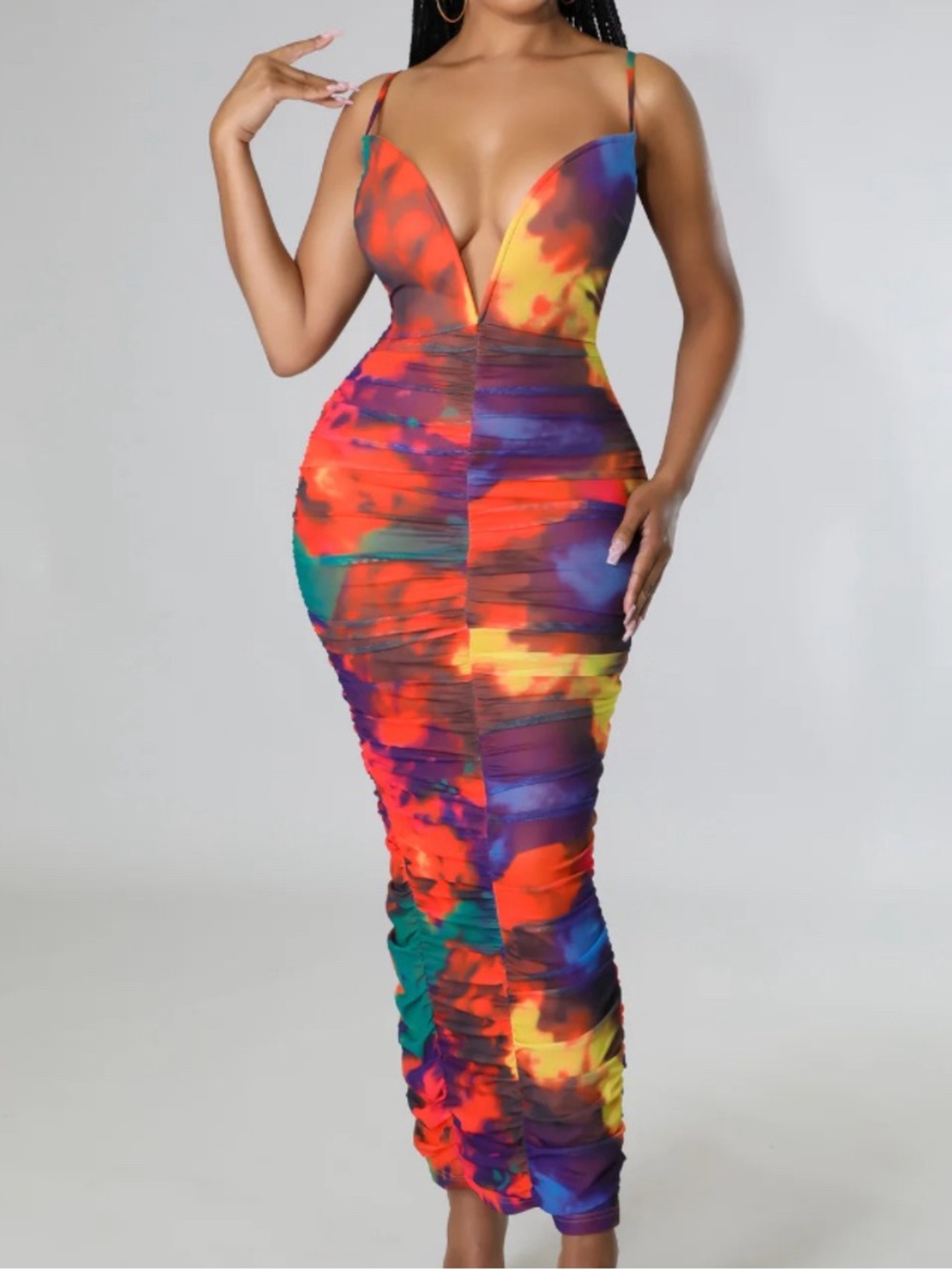 Vibrant Multi-Color Plunge Bodycon Dress